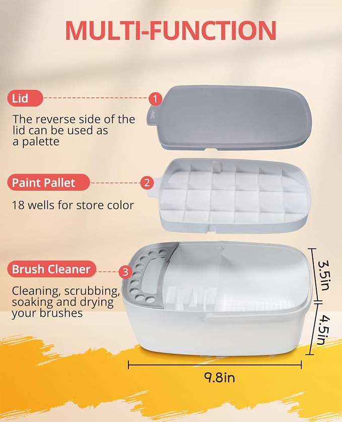 GAMENOTE Paint Brush Cleaner, Paint Brush Holder and Palette, White | All-in-one painting station washes and rests brushes, mixes colors, and stores paint in 18 wells with a portable handle.