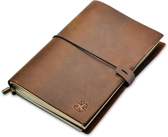Wanderings A5 Travelers Notebook – Refillable Genuine Leather Journal – 6" x 8.5" (15 x 22cm) – Handcrafted Crazy Horse Leather – 120 GSM Blank Inserts – Travel Journal