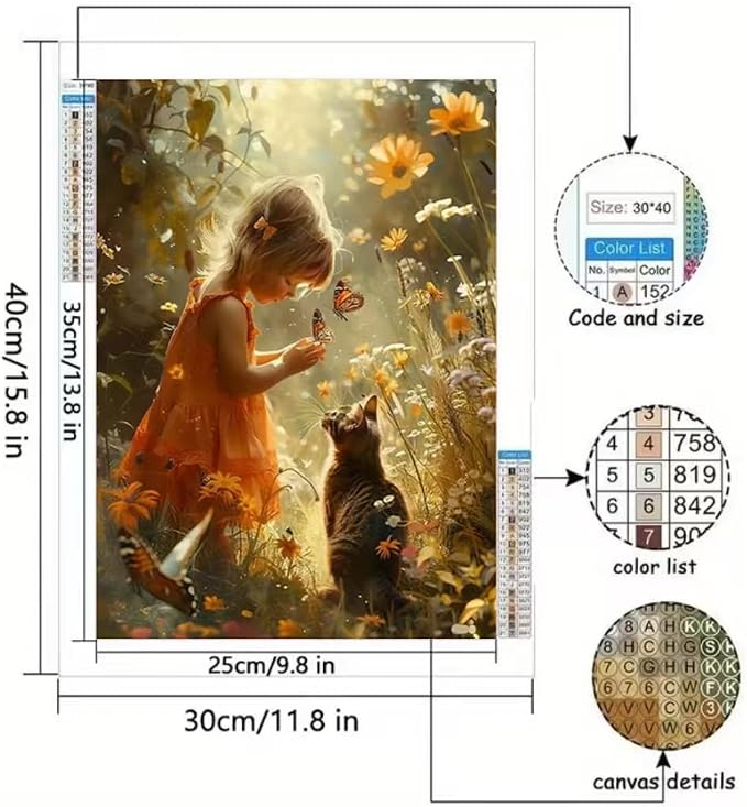 YUXUANKANG Diamond Painting Kit, Girl with Butterfly and Cat in Flower Garden, Fantasy Nature Scene 12X16inch