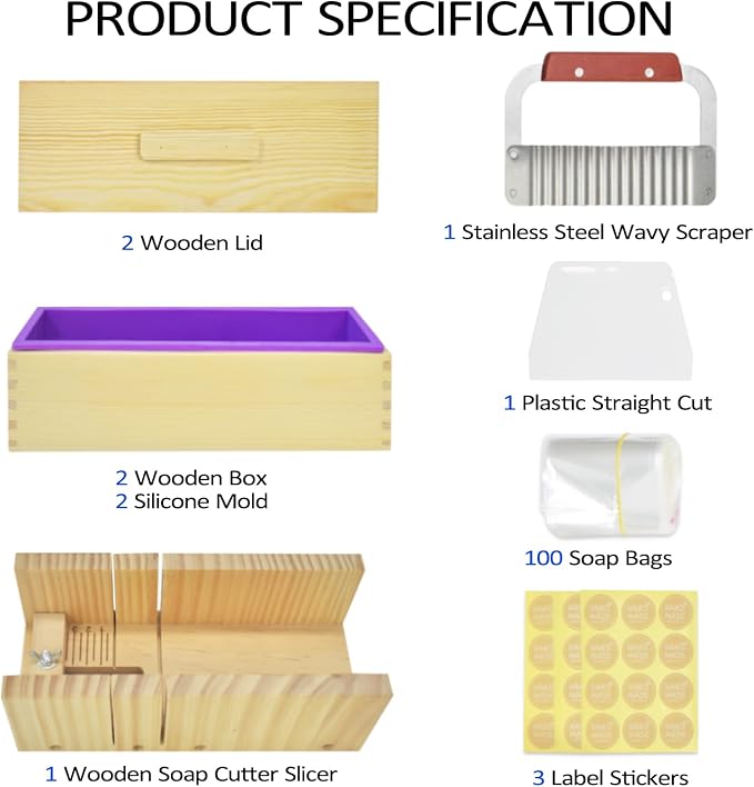 Artcome Loaf Soap Making Cutting Mold Kit 2Pcs 42oz Rectangular Silicone Soap Mold, 2Pcs Wooden Box with Lid, Adjustable Wooden Soap Cutting Tool with Stainless Steel Wavy & Plastic Straight Cutter
