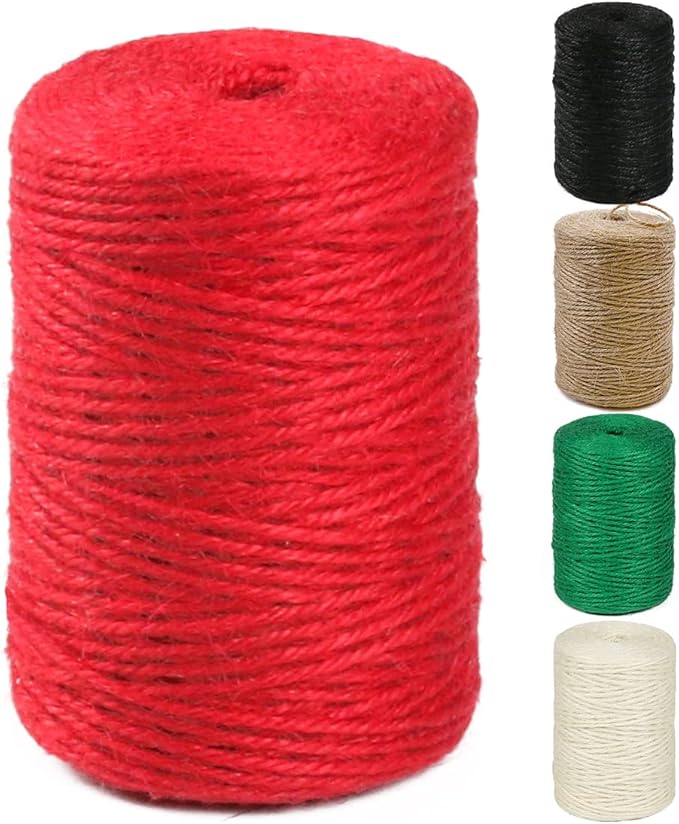 PerkHomy Natural Jute Twine 600 Feet Long Colored Twine Rope for Crafts Gift Wrapping Packing Gardening and Wedding Decor (Red)