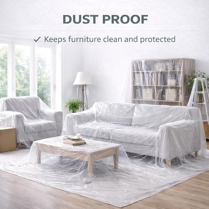 GREEN LIFESTYLE Plastic Drop Cloths for Painting 12 x 9 ft [6 Pack] – Waterproof Paint Drop Cloth, Plastic Sheets Floor Cover, Disposable Tarp for Furniture Protection, Remodeling and Moving