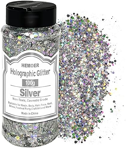 HEMOER Silver Glitter, 100g/3.5oz Holographic Chunky Glitter Mixed Hexagon Chunky & Fine Flakes Iridescent Sequins for Epoxy Crafts, Resin, Nail Body, Tumblers, Party Decoration