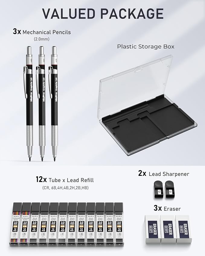 Nicpro 2mm Metal Mechanical Pencil Set with Case, 3PCS