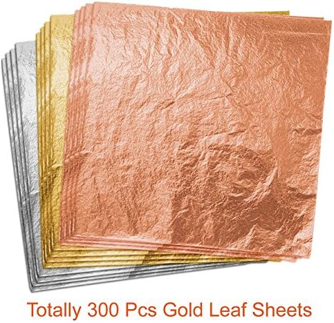 Paxcoo 300 Gold Leaf Sheets for Resin, Gold Foil Flakes Metallic Leaf for Resin Jewelry Making, Nail Art, Slime, and Gilding Crafts (Gold, Silver, Rose Gold Color 5.5 by 5.5 Inches)