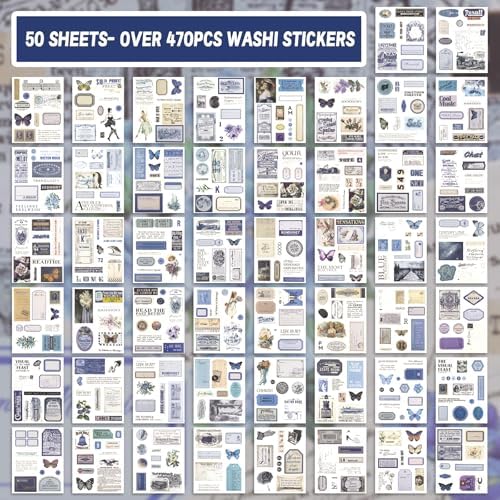 473pcs Vintage Washi Sticker Book & Blue Ephemera | 50 Sheets Journaling Stickers for scrapbooking & DIY crafts. Residue-free removal, even after long-term use.