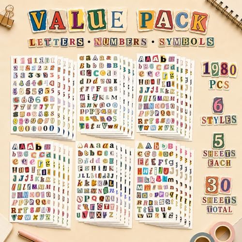 1980 PCS Scrapbook Letter Stickers, 30 Sheets Ransom Vintage Alphabet Stickers with Numbers, Small Letter Stickers for Junk Journaling Supplies, Scrapbooking, Planner, Journal, Scrap Book Supplies