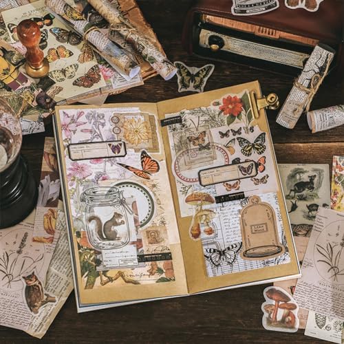 BLEDS 200PCS Vintage Journaling Supplies Pack, Scrapbook Stickers Kit & Aesthetic Journaling Paper for Junk Journals Craft Tags Cards Collage Notebook Planner Ephemera, BS-Scrapbooking-200