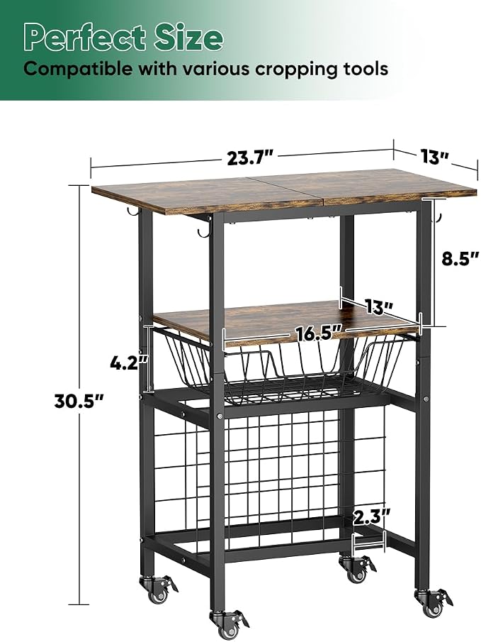 Queension Craft Cart with Wheels for Cricut Machines, Craft Organization and Storage Stand with Basket, Cutting Machine Stand for Cricut Accessories, Vinyl Roll Organizer, Black