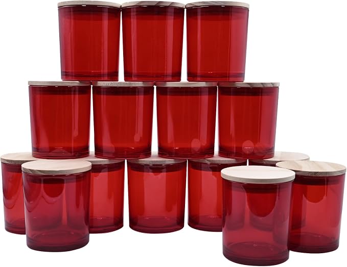 SHOWIN 10 OZ Thick Candle Jars for Making Candles 15 Pcs, Empty Jars with Wood Lids for Candle Making, Sample Container, Red