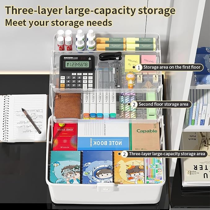 Large 3-Layer Craft Storage Box with Handle, White