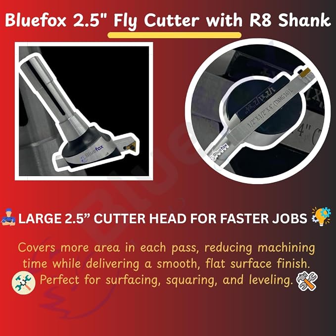 Bluefox 2.5 Fly Cutter R8 Shank for Bridgeport Milling Machine Includes 1/2"x 1/2"x 4" Indexable Tool Bit 7/16 UNF Drawbar High-Precision Machining Tool for Smooth Surface Finishing & Material Removal