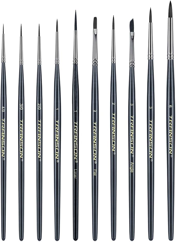 Transon 10pcs Small Detail Miniature Model Painting Brush Set for Acrylic Watercolor Gouache Ink Tempera and Body Painting