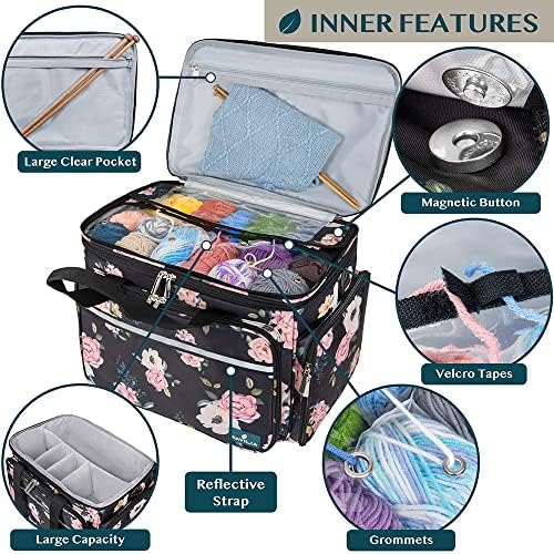 PAVILIA Knitting Yarn Storage Bag Crochet Knitter Organizer, Floral Black