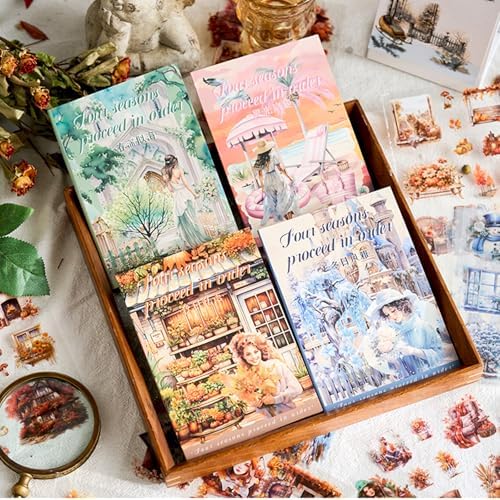 Four Seasons Style Stickers Scrapbooking Supplies for Junk Journal, Four Sticker Books, 80 Sheets PET Stickers