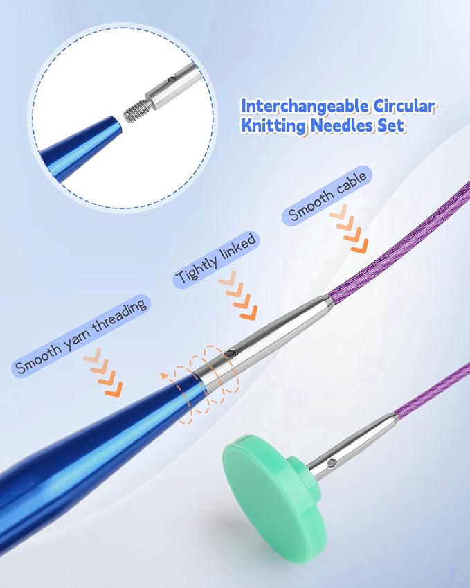 Aeelike 13 Pair Interchangeable Circular Knitting Needles 3-10 mm, Blue | Aluminum Interchangeable Knitting Needles with 4 Cables, Smooth Complete Needles Set for Socks Blankets Sweaters, Ideal Gift