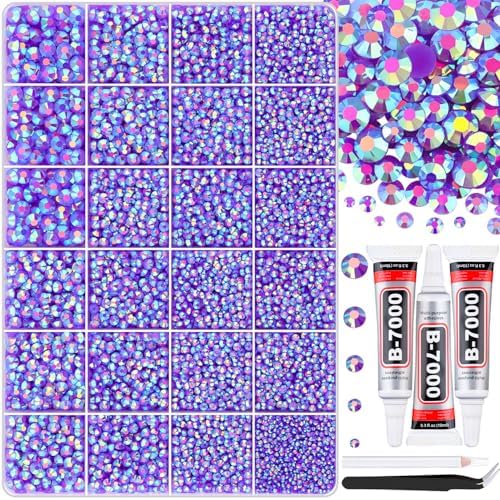 30000Pcs Dark Purple AB Rhinestones for Bedazzling with B7000 Jewelry Glue, Bedazzler Kit Bulk Flatback Gems, Resin Rhinestones for Crafting Crafts Clothing Shoes Nail Art Assorted Size 2/3/4/5/6mm