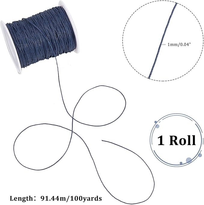 PH PandaHall 1mm Waxed Cord,100 Yards Waxed Cotton Cord Blue Wax Thread Beading String Wax Craft String for Bracelet Necklace Jewelry Waist Beads Making Crafting Beading Macrame