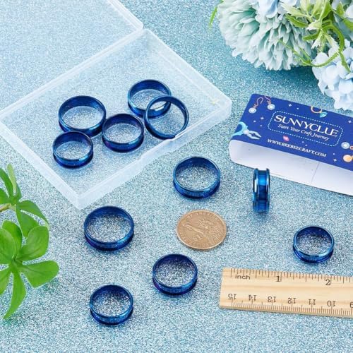 SUNNYCLUE 1 Box 18Pcs Inlay Ring Blanks Blue Stainless Steel Grooved Ring Blank US Size 7/8/9/10/11/12 Finger Findings Settings for Jewelry Making Kits DIY Craft Supplies