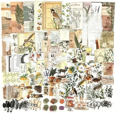 Esweny 260PCS Vintage Journaling Scrapbooking Supplies Scrapbook Sticker Paper Ephemera Pack for Junk Journal Planners Collage Craft Notebooks Album (Plants and Birds)