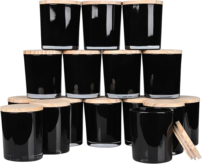 SHOWIN Thick Candle Jars for Making Candles 16 Pcs, 7 OZ Empty Jars with Wood Lids for Candle Making, Sample Container, Inner Black