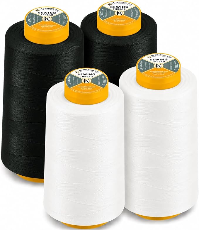 AK TRADING CO. 4-Pack All Purpose Sewing Thread Cones (6000 Yards Each) of High Tensile Polyester Thread Spools for Sewing, Quilting, Serger Machines, Overlock, Merrow & Hand Embroidery - Black White