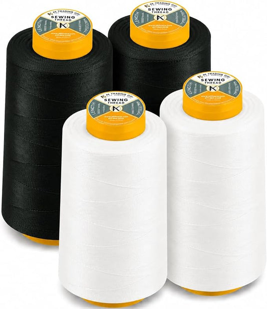 AK TRADING CO. 4-Pack All Purpose Sewing Thread Cones (6000 Yards Each) of High Tensile Polyester Thread Spools for Sewing, Quilting, Serger Machines, Overlock, Merrow & Hand Embroidery - Black White