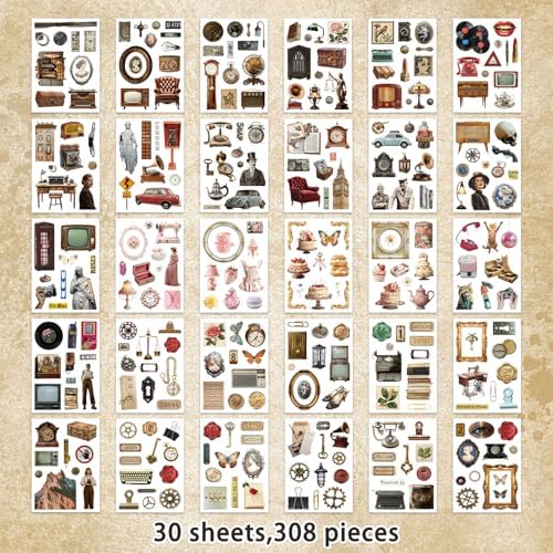 Bomichi Vintage Sticker Book, 30 Sheets 308 Pcs Aesthetics Stickers for Journaling Scrapbooking Bullet Journals Planners Letter Card Making