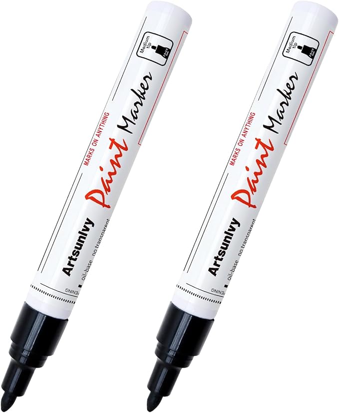 Artsunlvy Black Paint Pens Permanent Markers - 2 Pack Oil Based Quick Dry Waterproof Markers for Plastic, Tire, Rubber,Wood, Rocks, Metal, Canvas, Dark Surface,Craft Art Supplies,Medium Point