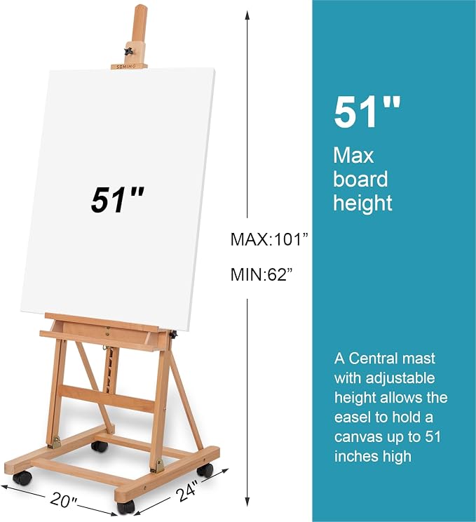 Beechwood H-Frame Artist Studio Easel with Wheels and Storage Tray, Natural