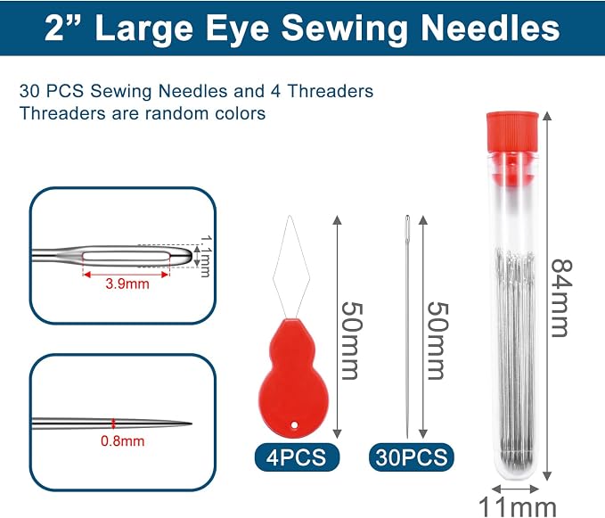 30pcs 2" Big Eye Needles for Hand Sewing Crafts, Hand Embroidery Needle Threader for Leather Cross Stitch Needle Darning Tapestry Quilting Needlepoint Needles Sewing Supplies Accessories