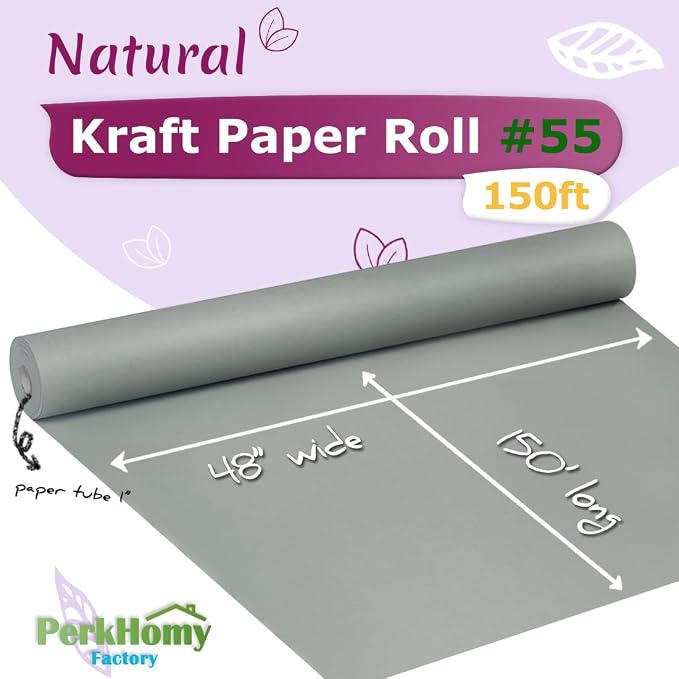 PerkHomy Light Grey Kraft Paper Roll 48" x 1,800" (150') for Gift Wrapping Bouquet Flower Art Painting Craft Writing Packaging Shipping 80GSM 55LB (Light Grey, 48" x 150')