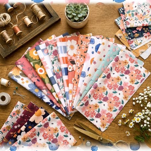 HunnmingRe 20 Pcs 10''x10'' Vintage Floral Quilting Fabric Square Meadow Flower Precuts Quiltted Fabric Retro Wildflower Plaid Printed Patchwork Strips for Spring Holiday DIY Material Sewing Craft