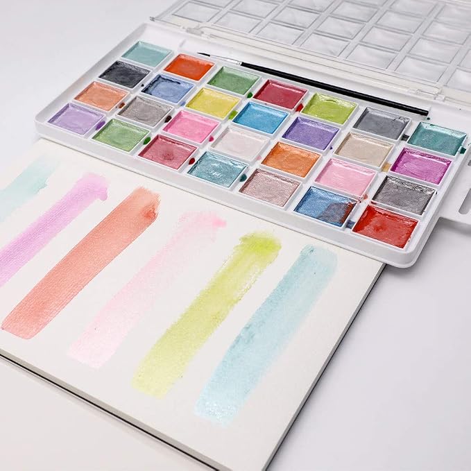 Artecho 28 Metallic Watercolor Paint Set | Glitter Colors, Semi-Moist Pearlescent Watercolor, Non-Toxic, for Beginners & Artists