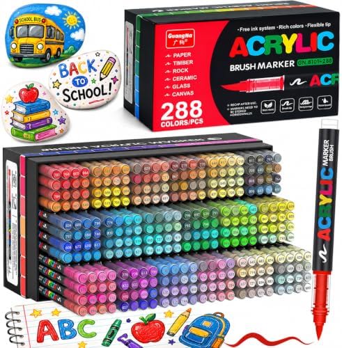 288 Colors Acrylic Paint Markers, 1-5mm Soft Brush Tip for Rock Wood Glass