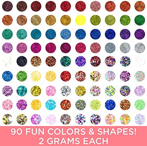 Horizon Group USA Assorted Glitter Pack - 90 Pieces, Fine, Neon, Shapes, Foil & More, Great For Resin, Arts & Crafts, DIY & School Supplies