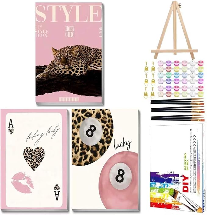 Mandun Lucky Leopard Paint by Numbers Kit for Adults, 3 Pack, 7.8x11.8 inch | DIY Painting Kits Crafts for Adults, Relieve Stress, Frame Canvas, Wooden Easel, Gift Box, Home Wall Decor