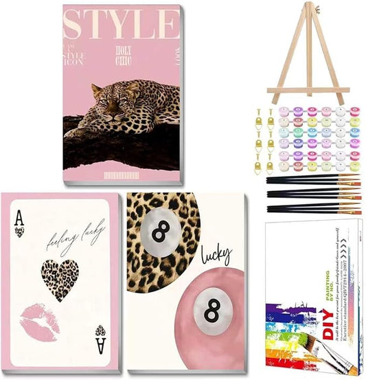 Mandun Lucky Leopard Paint by Numbers Kit for Adults, 3 Pack, 7.8x11.8 inch | DIY Painting Kits Crafts for Adults, Relieve Stress, Frame Canvas, Wooden Easel, Gift Box, Home Wall Decor