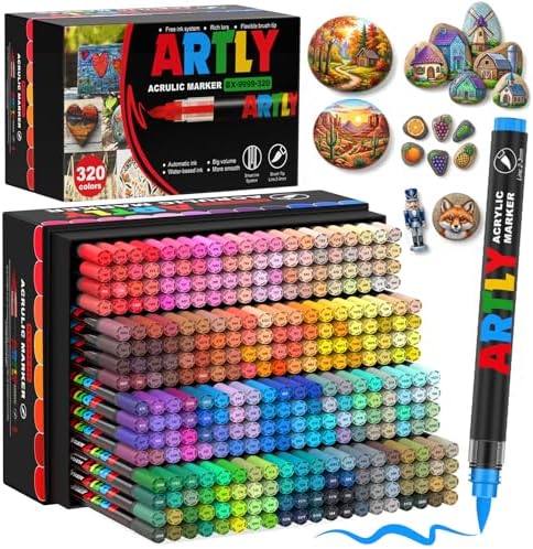 320 Colors Soft Brush Tip Acrylic Markers Set, Paint Pens for Rock, Wood, Fabric, Canvas, Glass, DIY Crafts, Waterproof Paint Markers, Vibrant Acrylic Pens for Artists and Art Projects