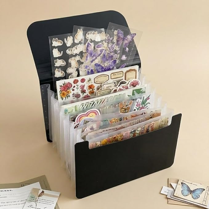 Sticker Storage Organizer with 7 Expandable Pockets, A6 Multi-Layer Desktop Sticker Binder for Scrapbook Essentials and Journal Organizer, Large Capacity for Thick Sticker Album, Washi Tape(Black)