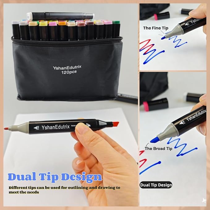 122-Piece Alcohol Markers, 120 marker set with 2 Bonus Blenders, Dual Tip Art Markers for Adults, Vibrant Marker Pens with Pen Holder & Case for Drawing, Sketching, Christmas Gift