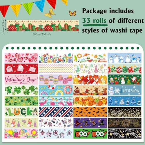 TaoBary 33 Rolls Washi Tape Set, 15mm Holiday Seasonal,Festive Style