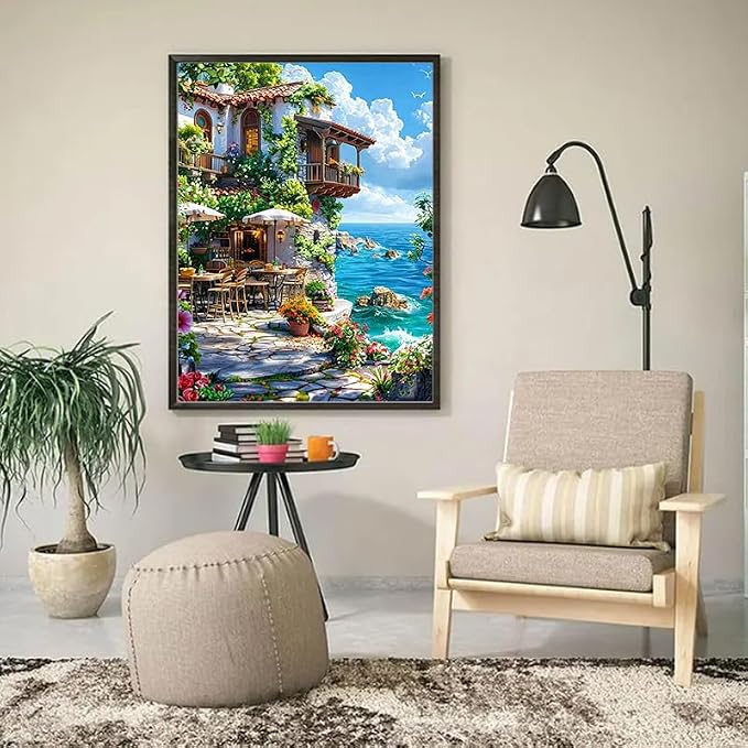 YUXUANKANG Diamond Painting Kit, Coastal Cliffside Cafe Scene, Colorful Floral Ocean View, DIY Art Craft 12X16inch
