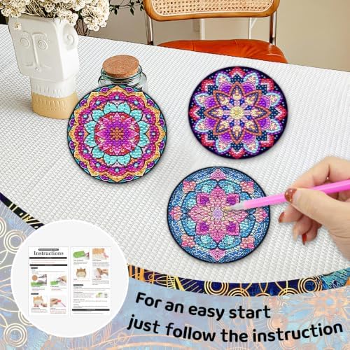 Mandala Diamond Art Coaster Kit with Holder, 8PCS Diamond Painting Coasters