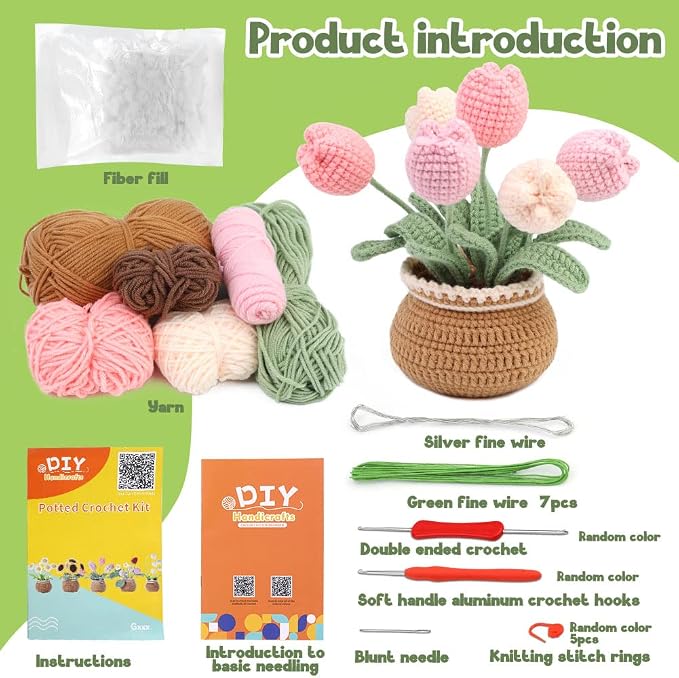 kgxulr Crochet Kit, Tulip Crochet Kit for Beginners, Knitting Kit | Beginner Crochet Kit, Crochet Flower Kit with Step-By-Step Video Tutorials, Beginner Crochet Kit for Adults