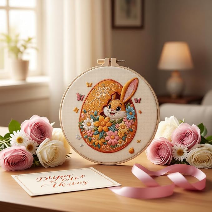 Embroidery Kit for Beginners & Adults Starter Kit, Cross Stitch Kits,DIY Hand Embroidery Needlepoint Set with Hoop, Pre-Printed Fabric, Threads and Instructions (Easter Egg)