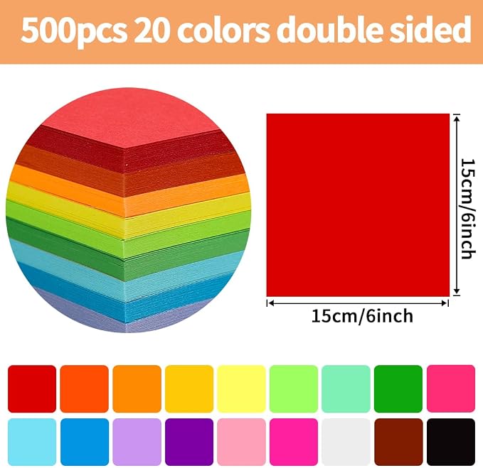 Praisebank Red Origami Paper, 500pcs 6x6 inch, Double Sided Color, Origami Kit with Guide instruction for Crafts