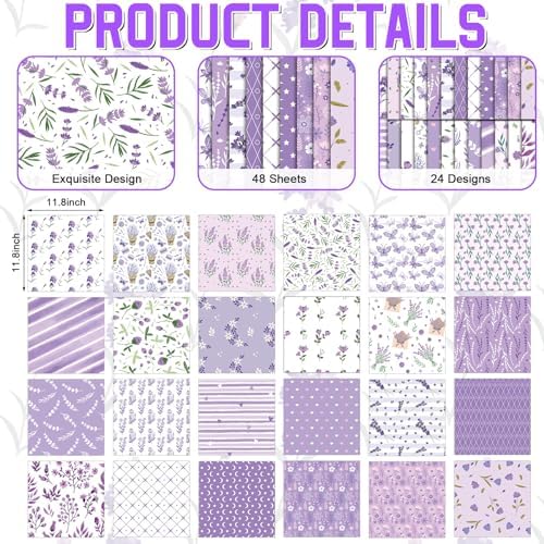 48 Sheets Lavender Scrapbook Paper,Lavender Pattern Decorative Scrapbook Paper for Journals DIY Cards and Photo Albums,Aesthetic Craft Supplies