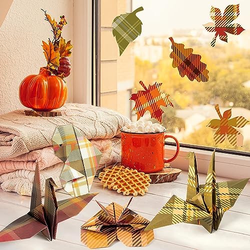 Haooryx Fall Decorative Paper, 60 Sheets Autumn Buffalo Plaid Origami Paper