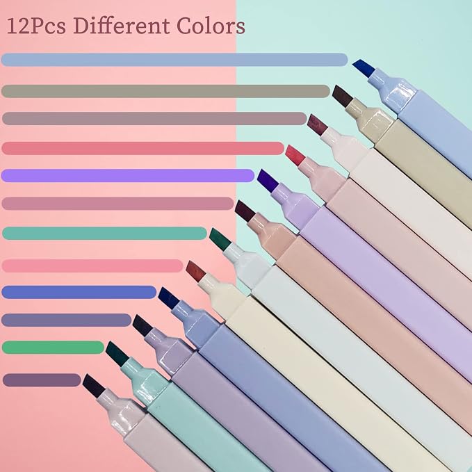 konket 12Pcs Aesthetic Cute Highlighters Bible Pastel Highlighters and Pens no bleed Assorted Colors Double-ended design for Office journaling supplies
